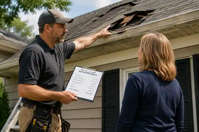 How to Apply for Home Repair Grants Without Getting Rejected 3 Licensed contractor inspecting a damaged roof and discussing a home repair estimate with a homeowner outside a suburban house.