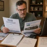 U.S. homeowner reviewing home repair grant eligibility papers with HUD and USDA assistance documents, checklist, and paperwork in a home office.