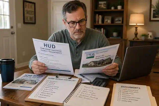 How to Apply for Home Repair Grants Without Getting Rejected 2 U.S. homeowner reviewing home repair grant eligibility papers with HUD and USDA assistance documents, checklist, and paperwork in a home office.