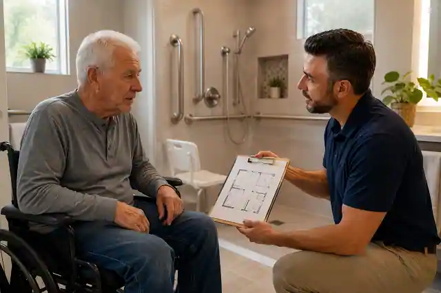 Disabled senior homeowner discussing bathroom accessibility upgrades with contractor inside wheelchair-accessible bathroom using home repair grants