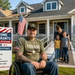Disabled veteran in front of renovated home with wheelchair ramp and roof repairs using home repair grants