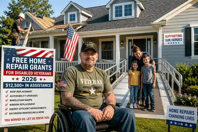 Disabled veteran in front of renovated home with wheelchair ramp and roof repairs using home repair grants