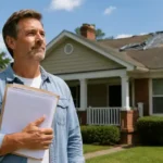 Middle-aged American homeowner holding home repair paperwork in front of a suburban house needing roof repairs