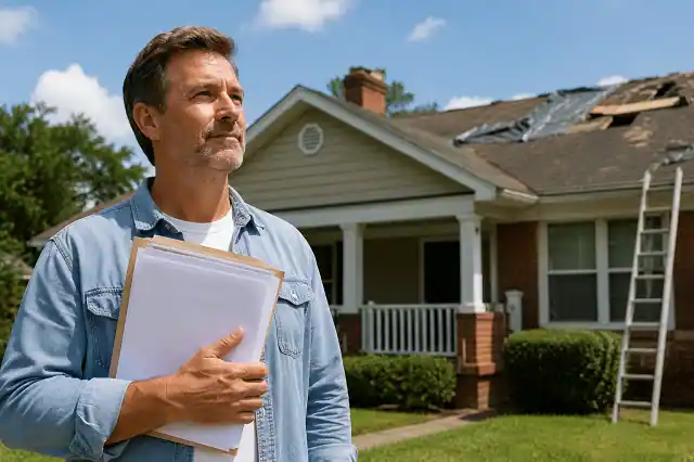 Middle-aged American homeowner holding home repair paperwork in front of a suburban house needing roof repairs