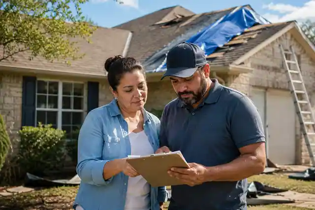 Texas homeowner reviewing home repair grants paperwork with contractor near damaged roof during housing repair inspection