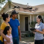 Low-income Texas family discussing home repair grants with a housing assistance worker outside an older home with roof damage