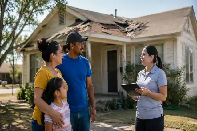 Low-income Texas family discussing home repair grants with a housing assistance worker outside an older home with roof damage