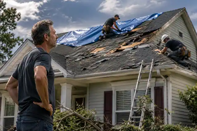 How to Find Hidden Home Repair Grants in Your State 3 American homeowner watching emergency workers repair a storm-damaged roof during urgent home repair work