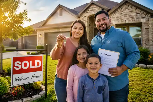 Low-income Texas family standing proudly outside their first newly purchased home using home buyer grants assistance in 2026