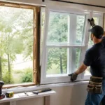 Worker installing new double-pane window during window replacement process with tools and daylight scene
