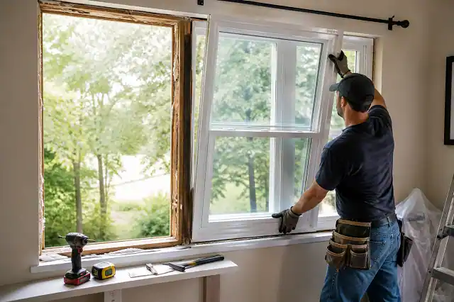 Worker installing new double-pane window during window replacement process with tools and daylight scene