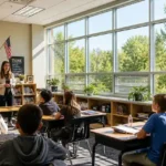 Teacher in a modern classroom with large energy-efficient windows after window replacement, bright sunlight and engaged students
