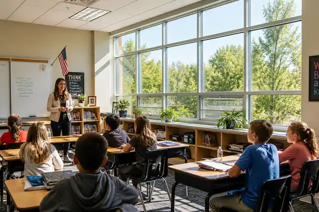 Teacher in a modern classroom with large energy-efficient windows after window replacement, bright sunlight and engaged students