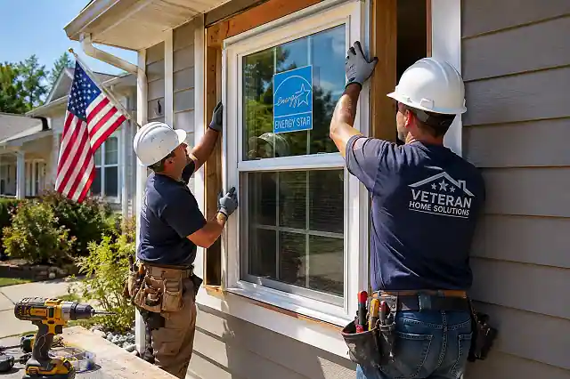Professional contractors installing ENERGY STAR energy-efficient window replacement in a veteran’s suburban home during daytime renovation work