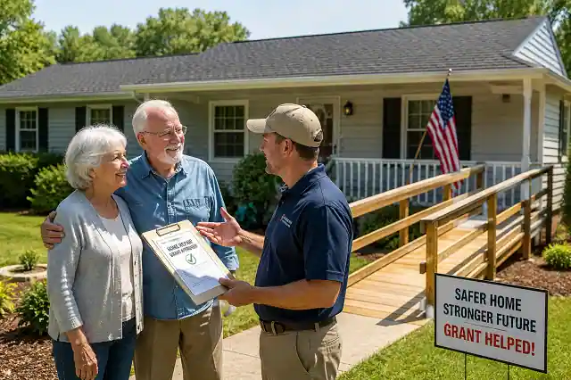 Alabama Home Repair Grants for Senior Citizens-Complete Guide 2 Senior homeowners outside repaired Alabama house after receiving home repair grants assistance