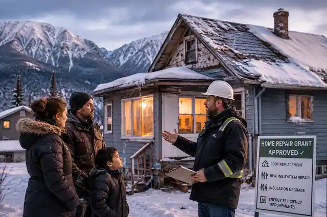 Home Repair Grants Alaska For Low-Income Families in 2026 2 Low-income Alaska family receiving home repair grant help for roof and heating repairs during winter