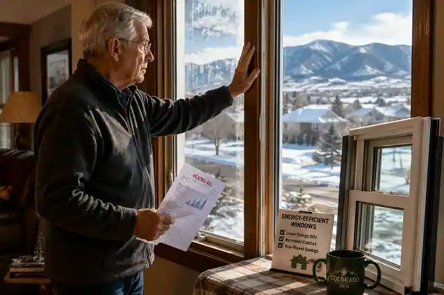 Colorado senior homeowner checking old drafty windows for replacement grant help