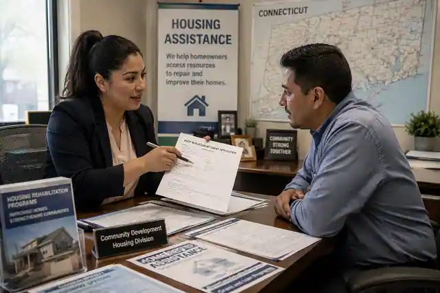 Connecticut Roof Replacement Grants for Hispanic Families in 2026 3 Connecticut homeowner meeting with housing counselor about roof replacement assistance and rehabilitation grants