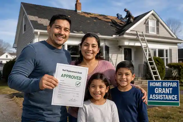 Connecticut Roof Replacement Grants for Hispanic Families in 2026 2 Hispanic family in Connecticut reviewing roof replacement grant approval documents outside their home with a damaged roof