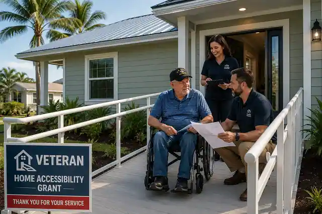 Disabled veteran using wheelchair ramp after Florida home accessibility repairs