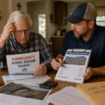 Senior homeowner in Texas applying for emergency home repair grants after storm damage