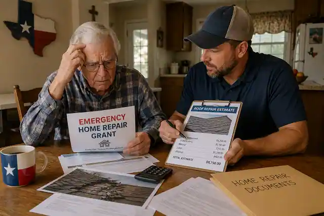Senior homeowner in Texas applying for emergency home repair grants after storm damage