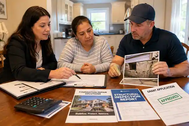 New York Foundation Repair Grants for Low-Income Families 3 New York homeowner meeting with housing counselor and contractor to apply for foundation repair grant assistance