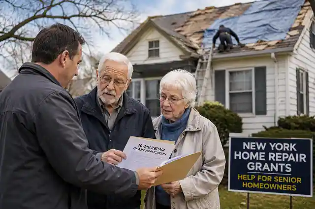Senior New York homeowner reviewing home repair grant assistance for roof repairs and housing improvements