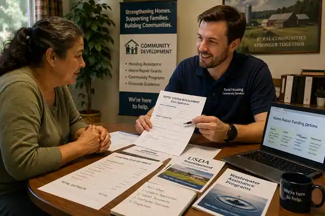 Free Grants For Septic System Replacement-Low-Income 2 Low-income homeowner meeting housing advisor to discuss septic system replacement grants and wastewater repair assistance