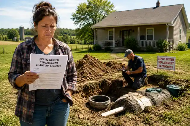 Free Grants For Septic System Replacement-Low-Income 1 Low-income rural homeowner reviewing septic system replacement grant paperwork near damaged septic tank and repair contractor
