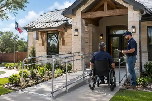 Disabled Texas homeowner using a wheelchair entering an accessible home with a newly installed wheelchair ramp funded through accessibility modification grants