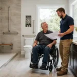 Accessible bathroom renovation with walk-in shower, grab bars and wheelchair access funded through Texas accessibility grants for disabled homeowners.