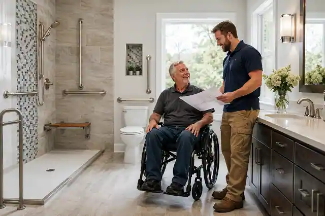 Accessible bathroom renovation with walk-in shower, grab bars and wheelchair access funded through Texas accessibility grants for disabled homeowners.