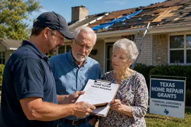 Senior Texas homeowners discussing home repair grants with contractor outside damaged house in 2026