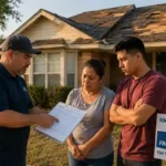 Low-income Texas family discussing roof replacement grant assistance with contractor outside damaged home