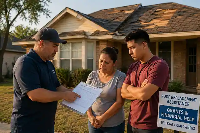 Texas Roof Replacement Grants For Low Income Families 2 Low-income Texas family discussing roof replacement grant assistance with contractor outside damaged home