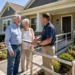 Senior homeowners standing outside an accessible home with wheelchair ramp funded through accessibility home modification grants.