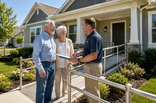 Accessibility Home Modification Grants For Senior Citizens in 2026 2 Senior homeowners standing outside an accessible home with wheelchair ramp funded through accessibility home modification grants.