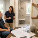 Disabled homeowner meeting with a home accessibility specialist to apply for bathroom accessibility grants.