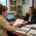 Homeowner submitting a rural home repair grant application at a USDA housing assistance office.