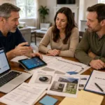 Homeowners meeting with an energy-efficiency contractor while completing smart home grant and rebate application paperwork.