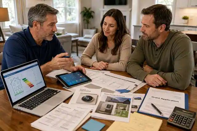 Homeowners meeting with an energy-efficiency contractor while completing smart home grant and rebate application paperwork.