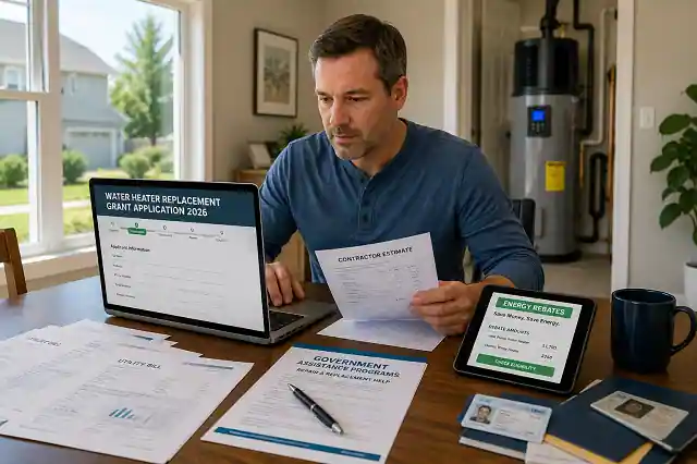 Water Heater Replacement Grants For Homeowners in 2026 3 Homeowner applying online for a water heater replacement grant with required documents