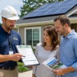Homeowner reviewing solar panel rebate application documents with an installer.