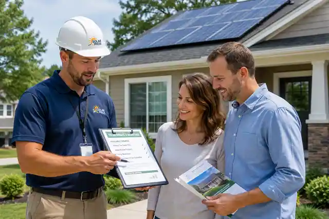 Solar Panel Rebates and Grants For Homeowners in 2026 3 Homeowner reviewing solar panel rebate application documents with an installer.