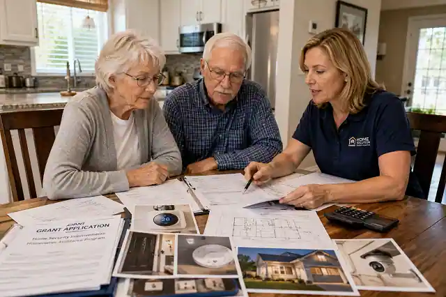 Home Security Improvement Grants for Homeowners in 2026 3 Senior homeowners completing a home security grant application with contractor estimates