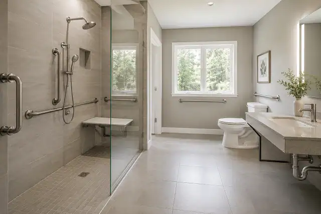 Free Bathroom Accessibility Grants for Disabled Homeowners 2 Modern wheelchair-accessible bathroom with roll-in shower and grab bars funded through bathroom accessibility grants for disabled homeowners.