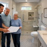 Accessible bathroom renovation with walk-in shower, grab bars, wheelchair-friendly layout, and licensed contractor reviewing renovation plans.