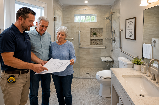 Bathroom Upgrade Grants For Fixed-Income Homeowners in 2026 3 Accessible bathroom renovation with walk-in shower, grab bars, wheelchair-friendly layout, and licensed contractor reviewing renovation plans.