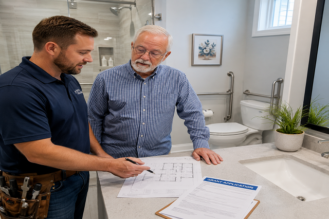 Bathroom Upgrade Grants For Fixed-Income Homeowners in 2026 2 Senior homeowner reviewing bathroom upgrade grant documents with a contractor in a modern accessible bathroom.